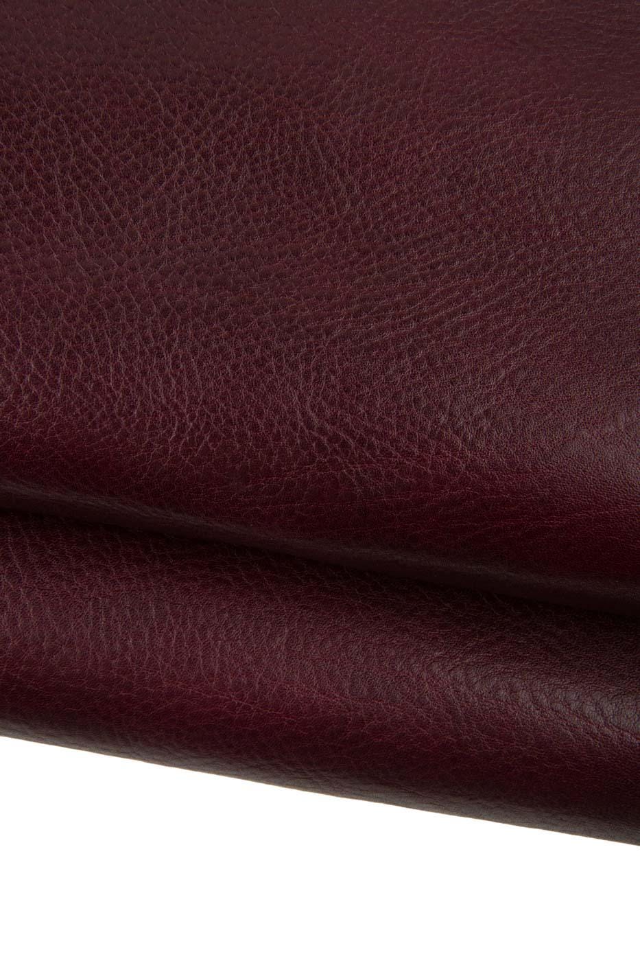 Burgundy genuine pebble GRAIN printed leather hide, GLOSSY soft embossed cowhide, thick calfskin for handcrafted goods B19453-TU Garzarara