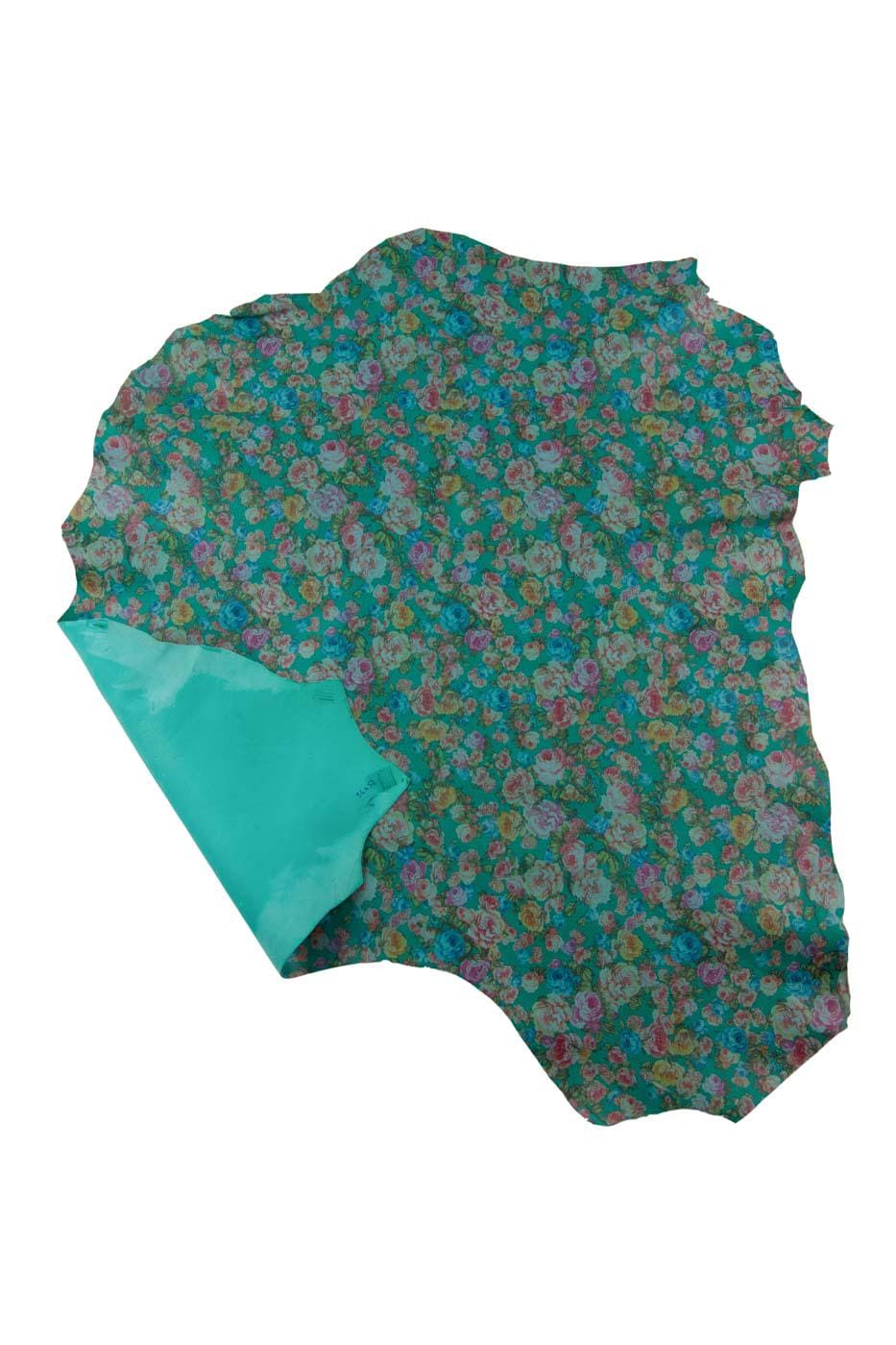 MULTICOLOR FLORAL textured goatskin, colorful flower print on green leather skin, glossy, soft, ideal for hobbysists B19393-ST La Garzarara