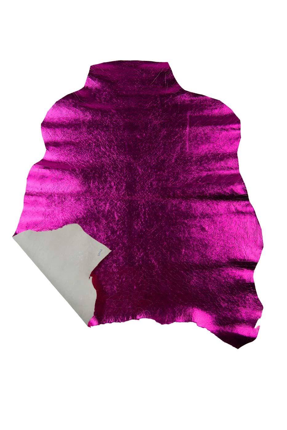 FUCHSIA metallic leather skin, CRACKLED printed soft goatskin, bright sparkle hide for hobbyists B19399-MT(st) La Garzarara