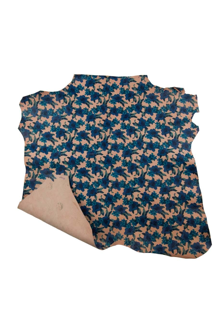 Green - blue FLORAL print on beige goatskin, smooth soft TEXTURED leather skin, for hobbysists B19422-ST La Garzarara