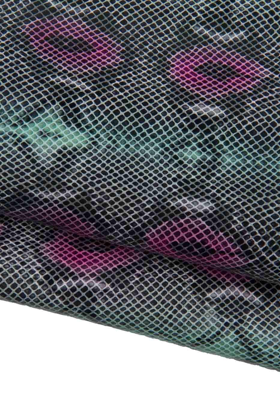 Dark green - purple - black PYTHON printed leather skin, SNAKE textured semi glossy calfskin, reptile pattern on soft hide B19446-ST