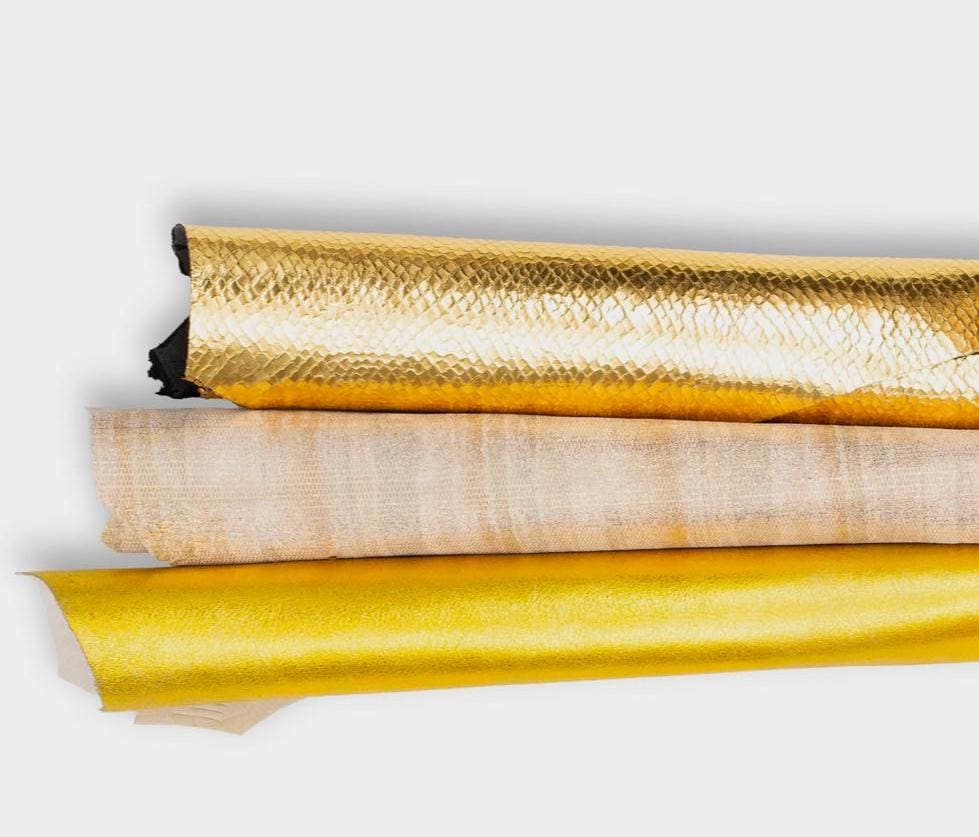 Pack of 3 gold METALLIC leather skins, smooth or printed SPARKLE goatskins, soft materials for crafters B19511-MT(st) La Garzarara