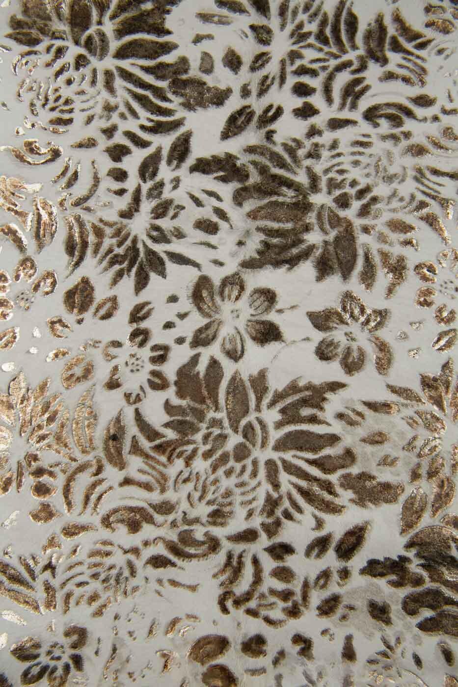 FLORAL textured hair on leather hide, black - brown flower print on cream PONY calfskin, soft hairy cowhide B19382-CV