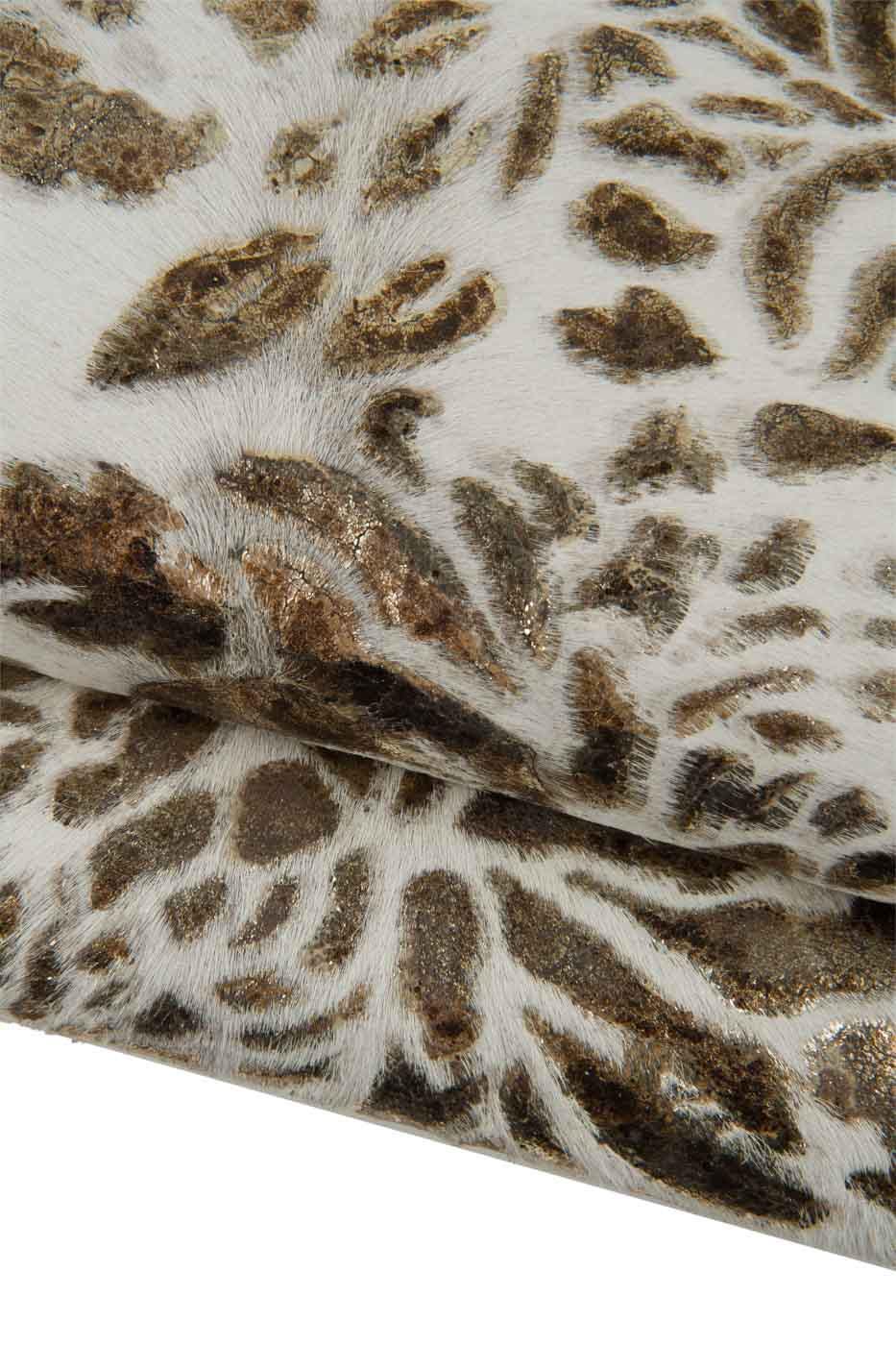 FLORAL textured hair on leather hide, black - brown flower print on cream PONY calfskin, soft hairy cowhide B19382-CV