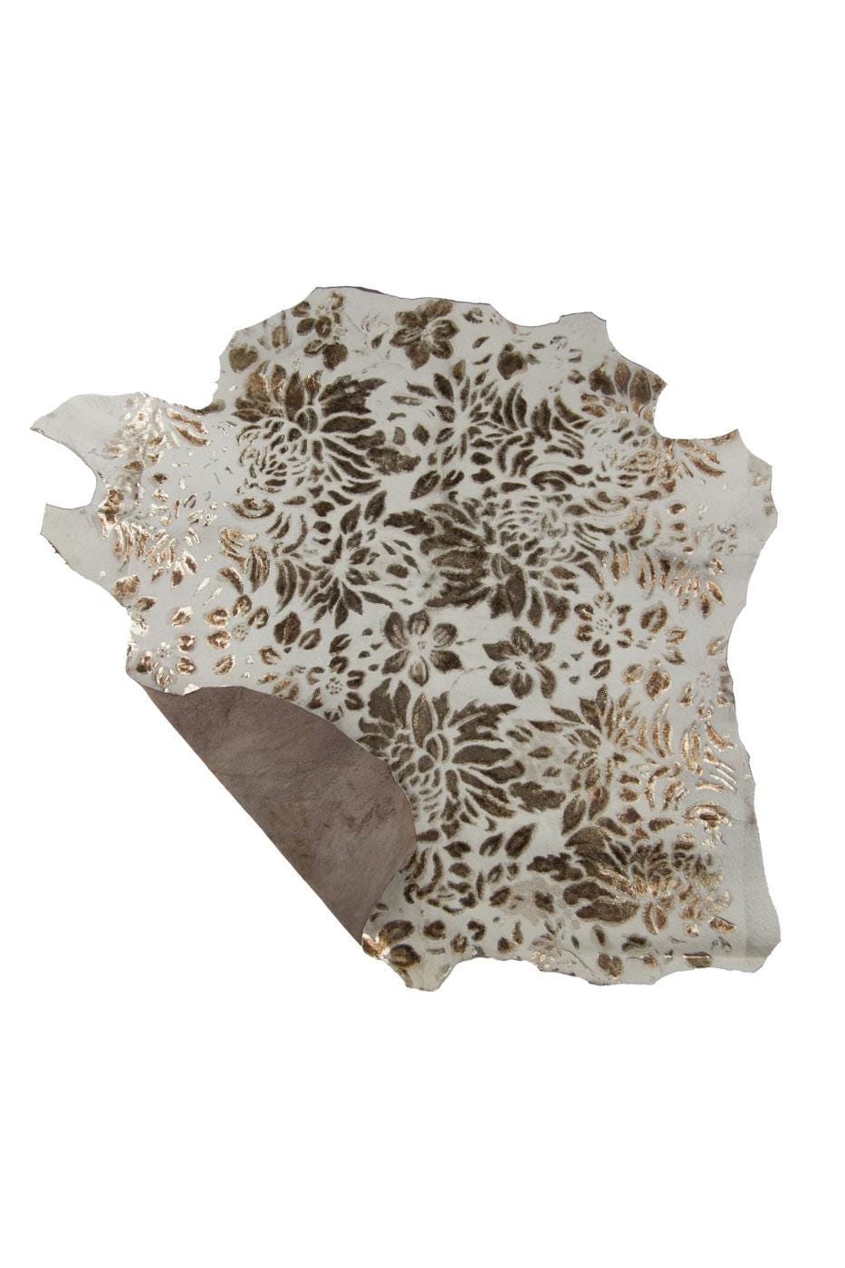 FLORAL textured hair on leather hide, black - brown flower print on cream PONY calfskin, soft hairy cowhide B19382-CV