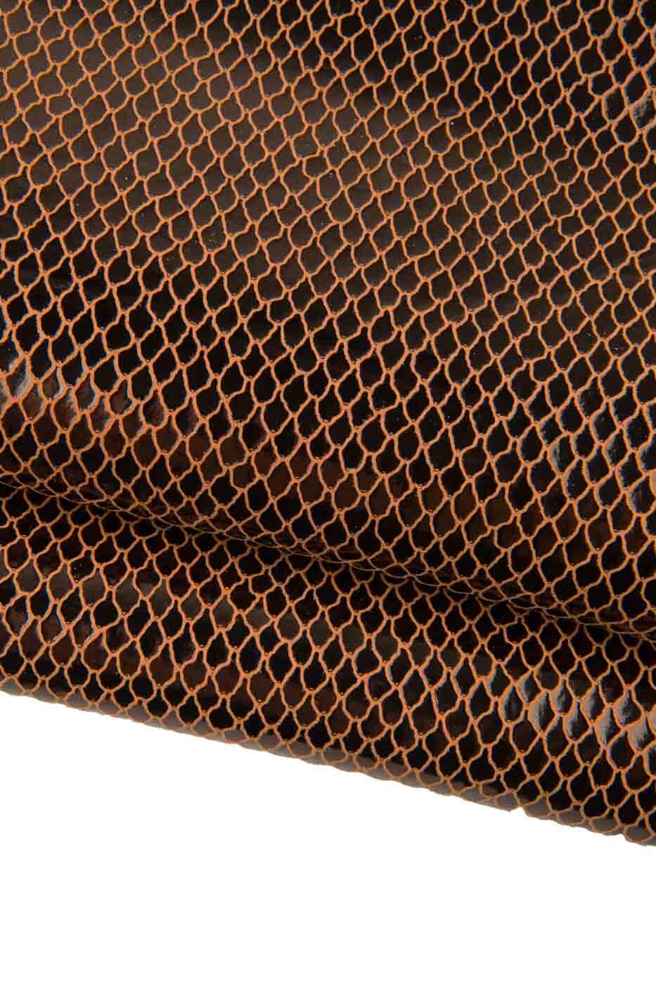 Black - orange METALLIC REPTILE printed leather hide, glossy soft snake textured calfskin, ideal for hobbyists B19473-MT(st) La Garzarara
