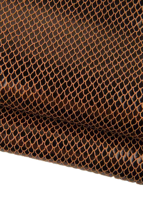 Black - orange METALLIC REPTILE printed leather hide, glossy soft snake textured calfskin, ideal for hobbyists B19473-MT(st) La Garzarara