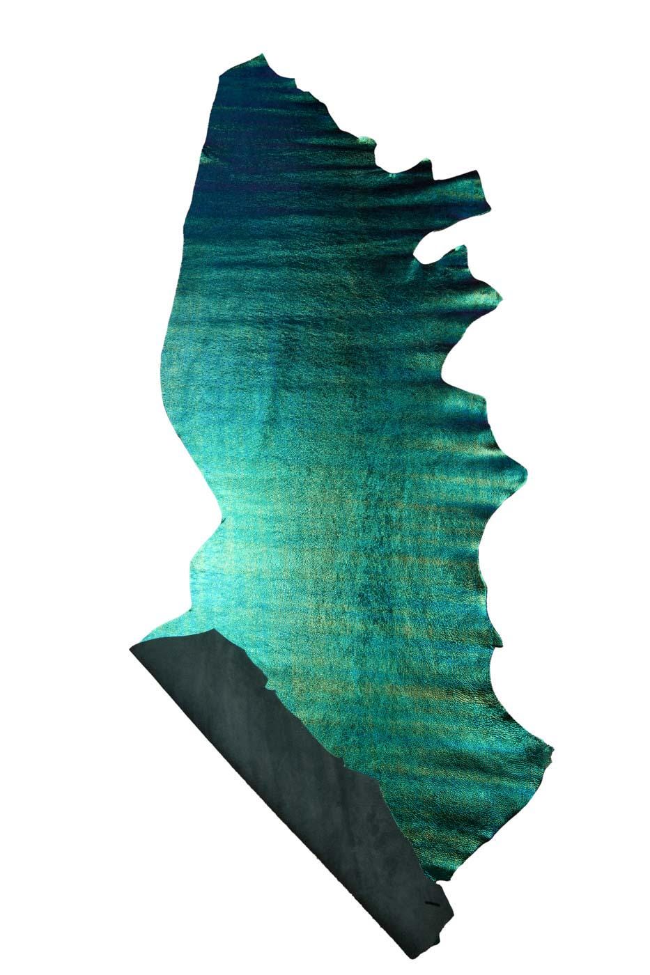Green - blue IRIDESCENT METALLIC leather hide, pebble grain printed cowhide, bright soft calfskin B19375-MT(st) La Garzarara