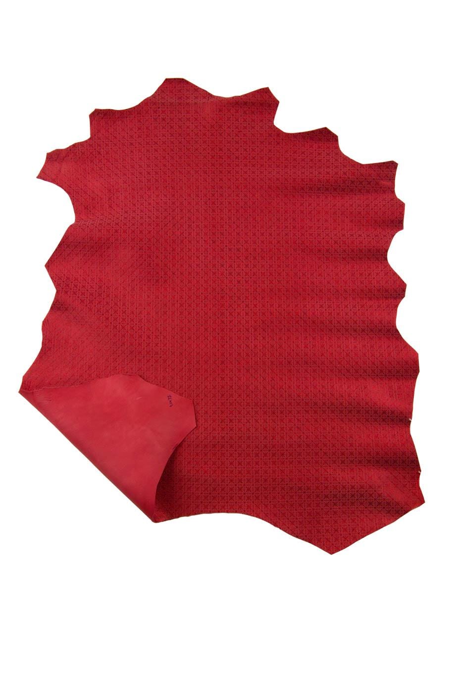 Bundle of 4 RED metallic leather skins, GEOMETRICAL printed suede goatskins, sparkle textured hides for hobbyists B19403-MT(st)