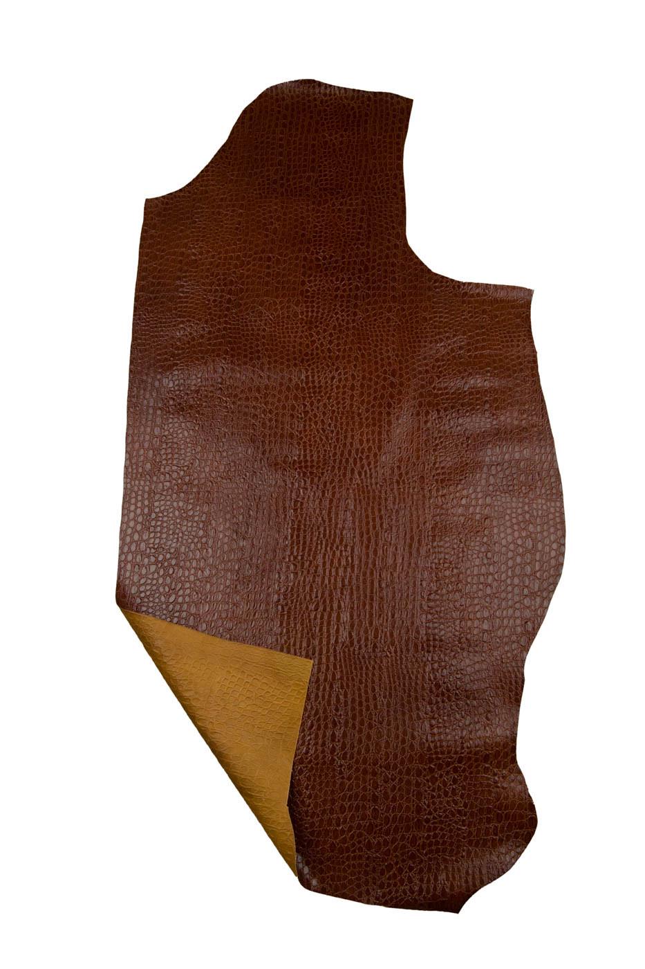 Brown CROCODILE EMBOSSED leather hide, alligator printed glossy cowhide, genuine calfskin for bags crafting B19308-ST La Garzarara