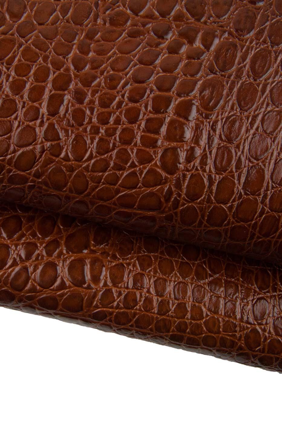 Brown CROCODILE EMBOSSED leather hide, alligator printed glossy cowhide, genuine calfskin for bags crafting B19308-ST La Garzarara