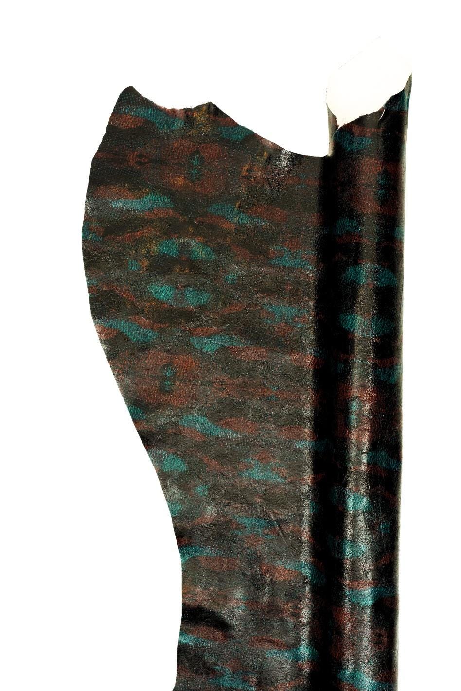 Glossy textured leather skin, black red green ABSTRACT PATTERN on goatskin, thin soft material for hobbyists 0.5 - 0.6 mm B19654-ST