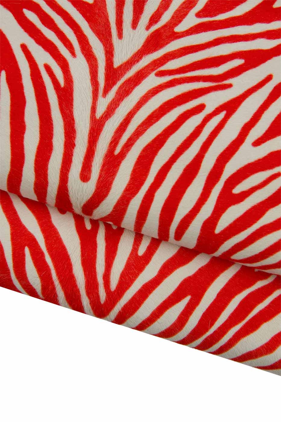 ZEBRA textured hair on leather hide, red- white animal print on hairy cowhide, elegant PONY leather for crafting B19377-CV La Garzarara