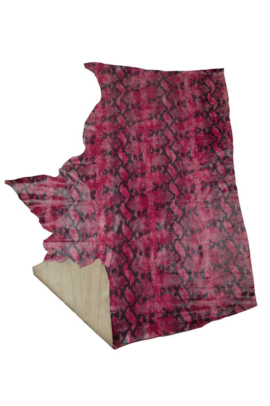 Dark pink GLOSSY PYTHON printed leather hide, reptile textured cowhide, magenta red soft snakeskin for crafters B19428-ST La Garzarara