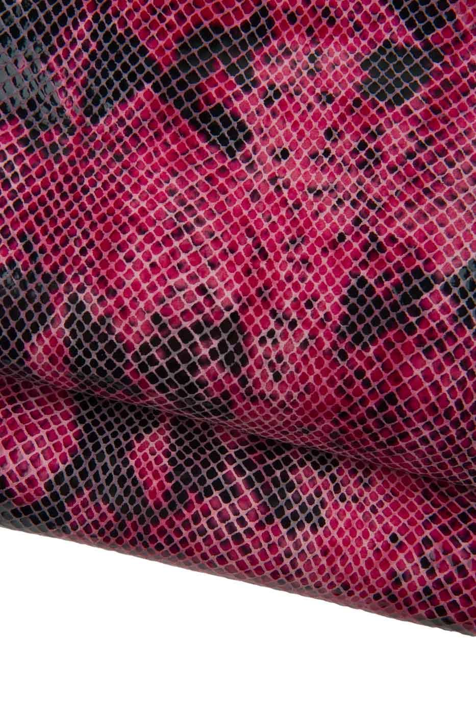 Dark pink GLOSSY PYTHON printed leather hide, reptile textured cowhide, magenta red soft snakeskin for crafters B19428-ST La Garzarara