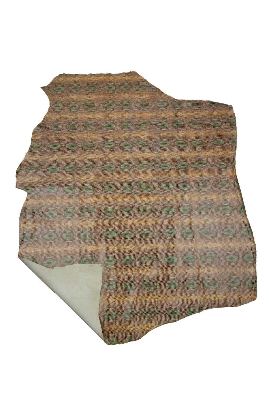 Beige - brown - green PYTHON textured leather skin, GLOSSY reptile printed cowhide, soft snakeskin for hobbyists B19443-ST La Garzarara