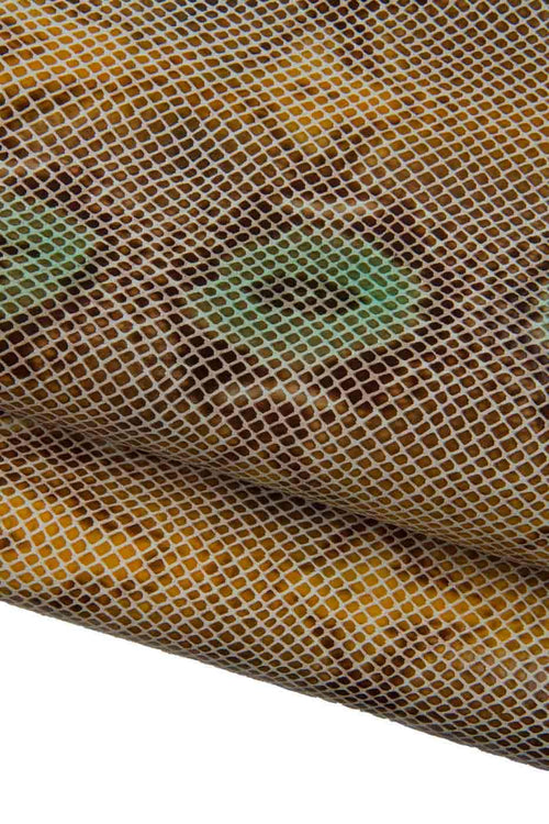 Beige - brown - green PYTHON textured leather skin, GLOSSY reptile printed cowhide, soft snakeskin for hobbyists B19443-ST La Garzarara