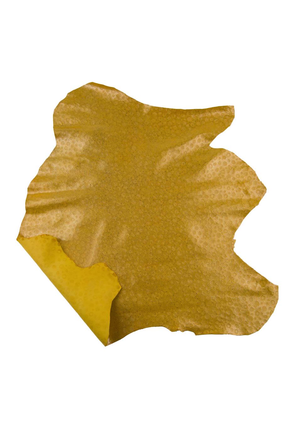 METALLIC textured leather skin, yellow suede goatskin with light gold REPTILE - like print, soft bright hide B19487-MT(st) LaGarzarara