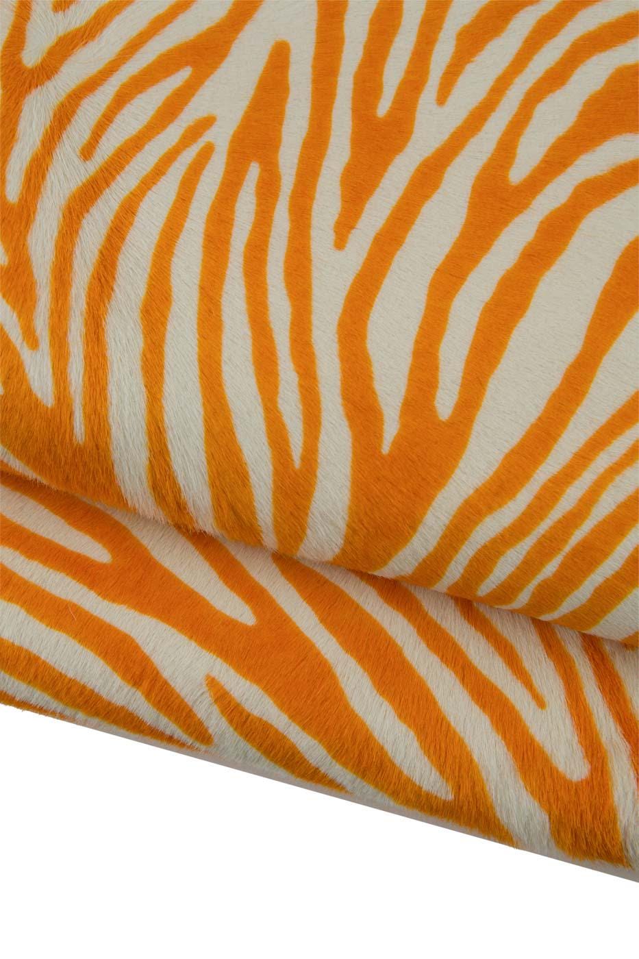 ZEBRA printed hair on leather hide, orange - white animal print on PONY calfskin, hairy cowhide, soft hairy leather B19380-CV La Garzarara