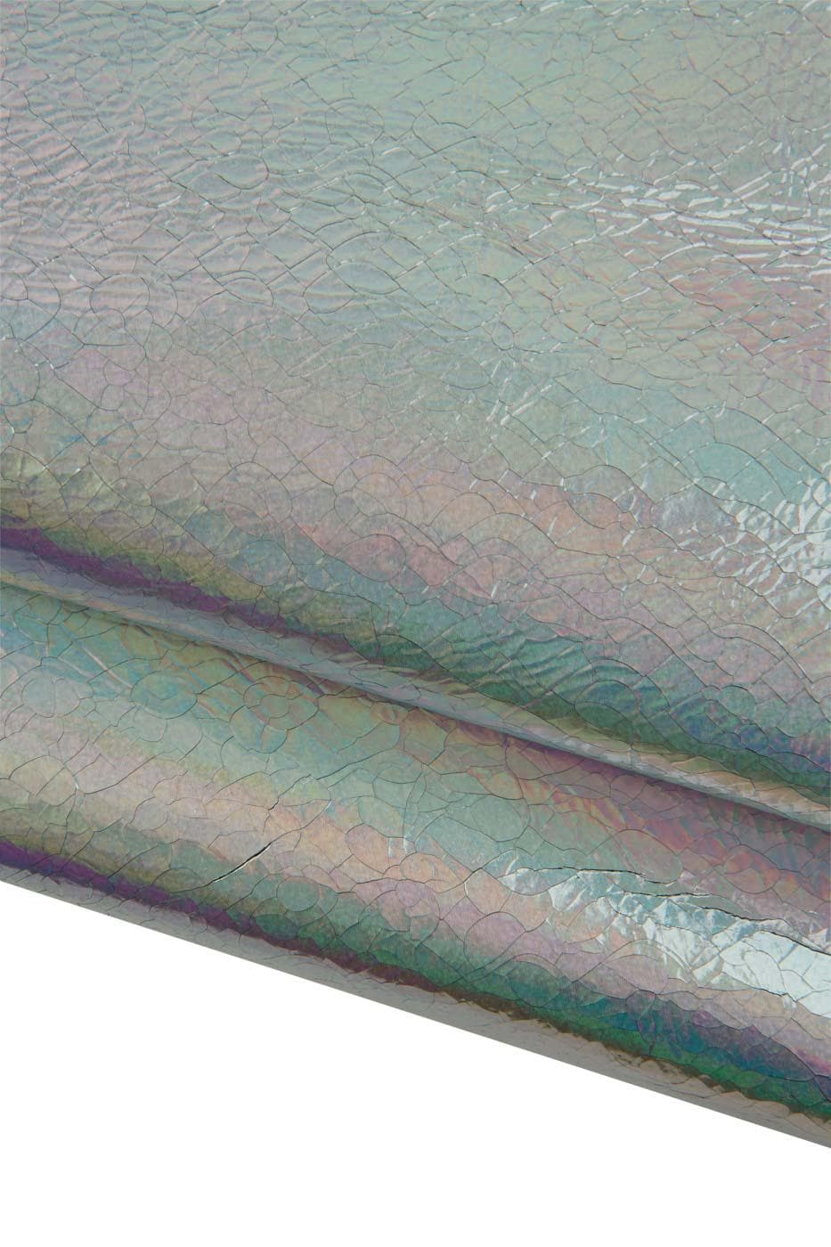 Silver IRIDESCENT metallic leather skin, holographic CRACKLED printed goatskin - glossy bright soft hide B19424-MT(st) La Garzarara