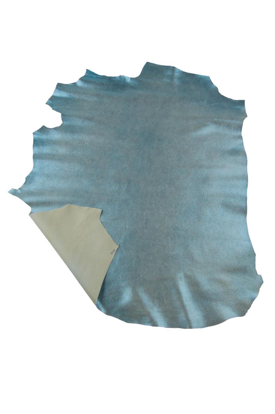 Light blue METALLIC leather skin, FABRIC print on sparkle goatskin, glossy soft hide for hobbyists B19421-MT La Garzarara