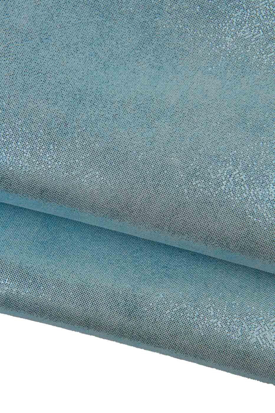Light blue METALLIC leather skin, FABRIC print on sparkle goatskin, glossy soft hide for hobbyists B19421-MT La Garzarara