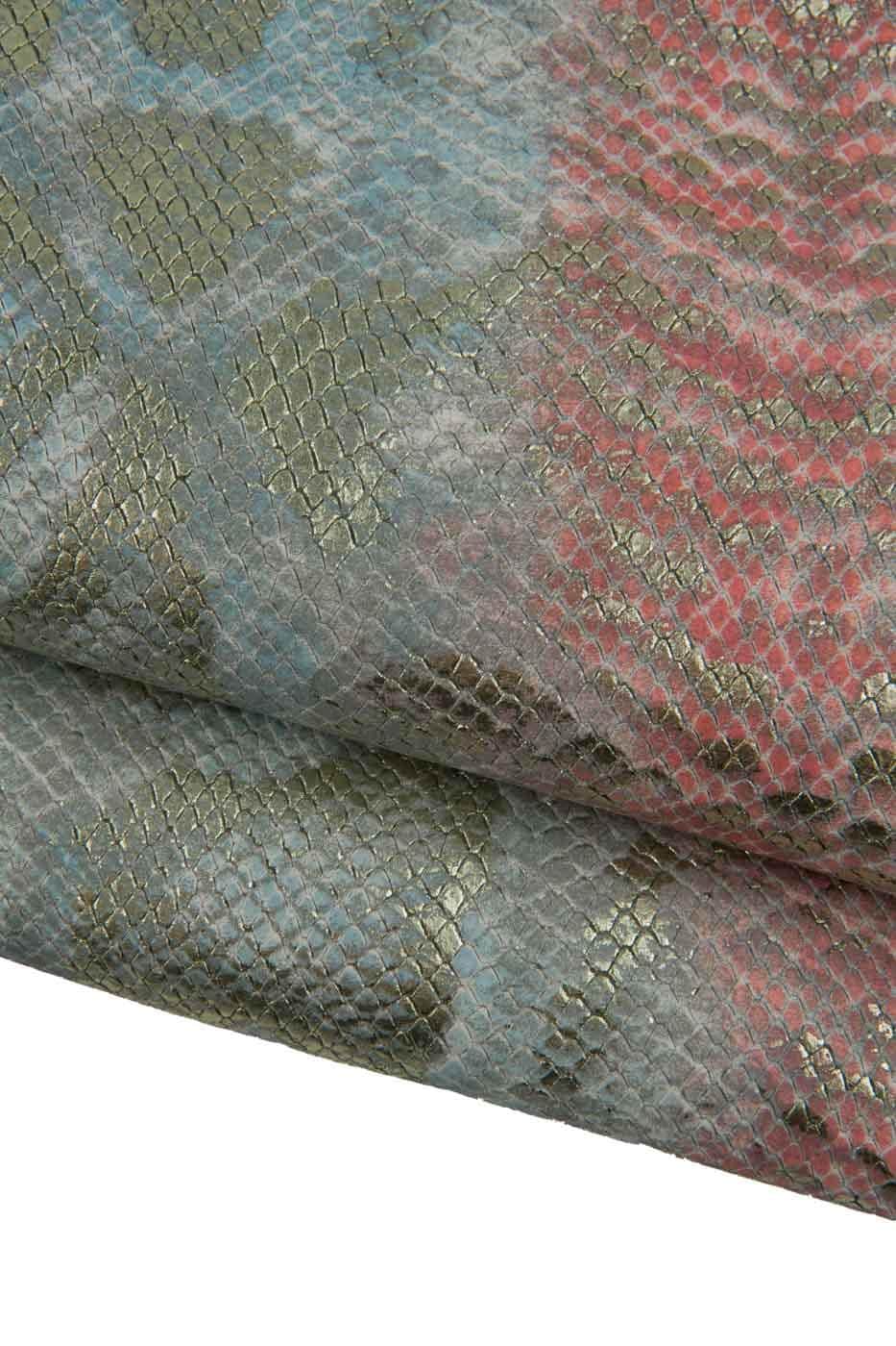 PYTHON textured leather skin, pink - light blue - silver SNAKE pattern on soft goatskin, ideal for hobbyists B19468-MT(st) La Garzarara