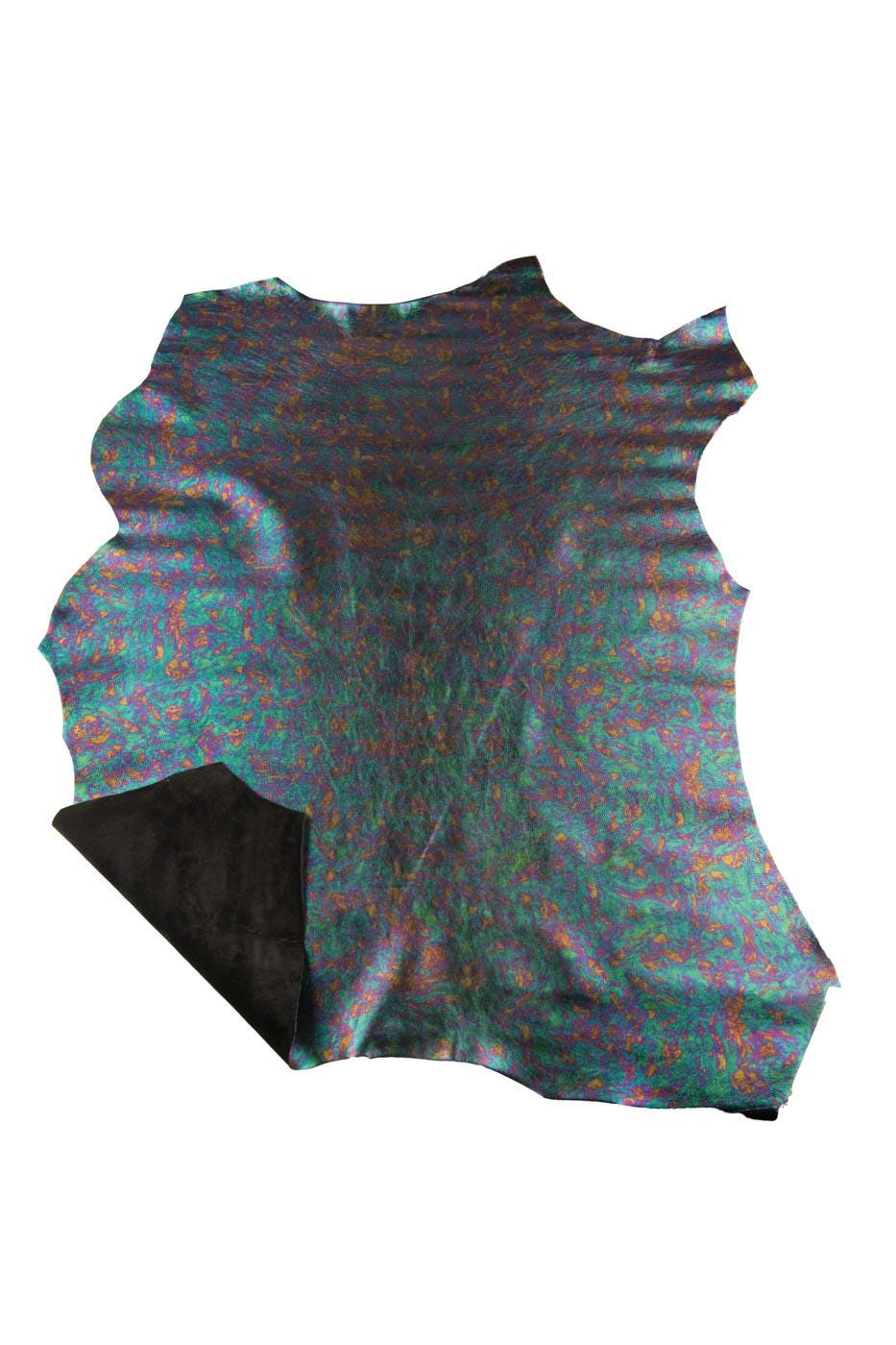 HOLOGRAPHIC metallic leather skin, multicolor GASOLINE printed sheepskin, soft bright lambskin for hobbyists B19374-MT(st) La Garzarara