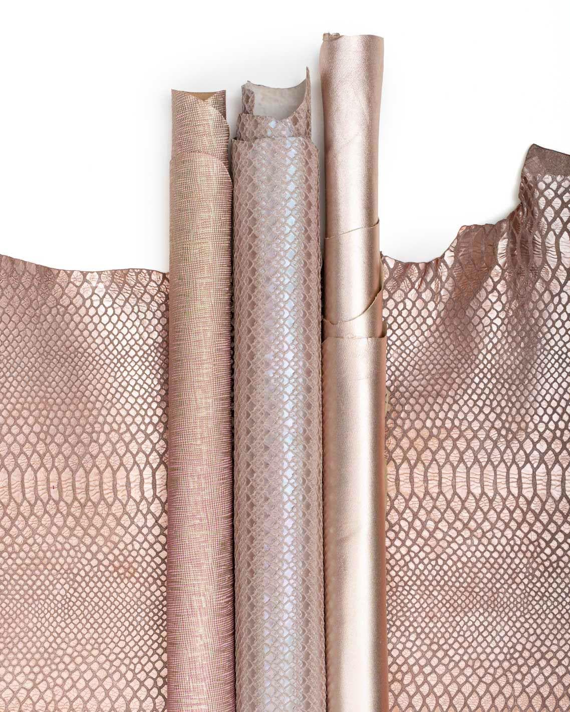 Bundle of 4 powder PINK - platinum leather skins, pack of metallic, printed and iridescent goatskins for DIY B19519-MT(st) La Garzarara