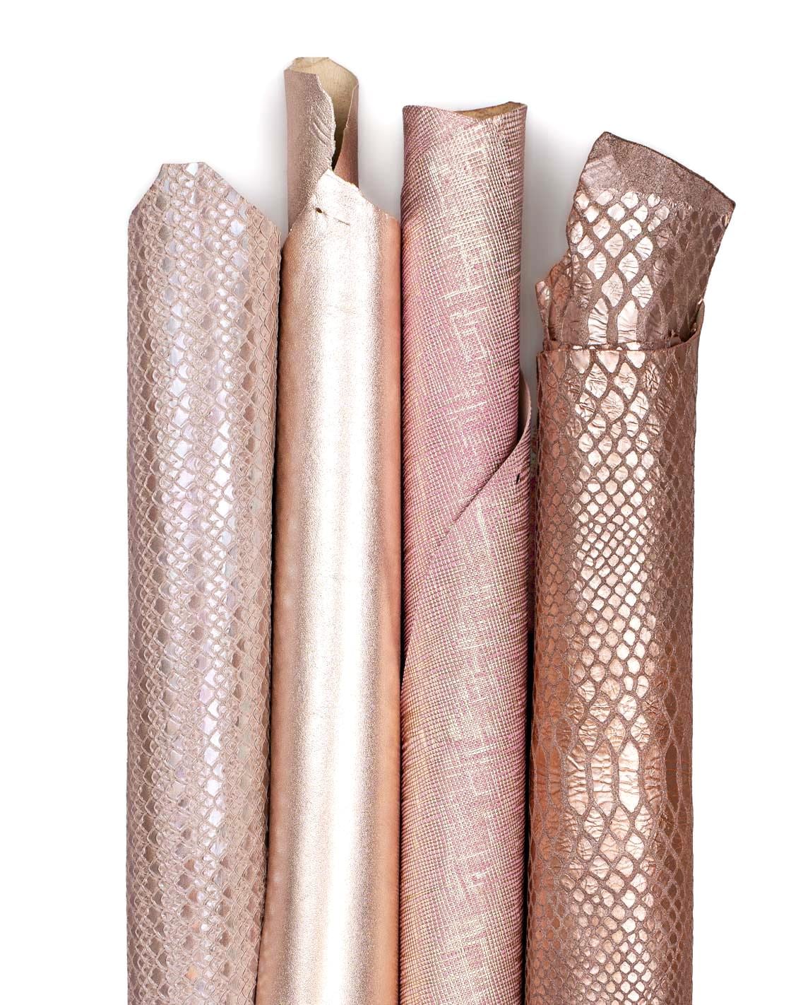 Bundle of 4 powder PINK - platinum leather skins, pack of metallic, printed and iridescent goatskins for DIY B19519-MT(st) La Garzarara