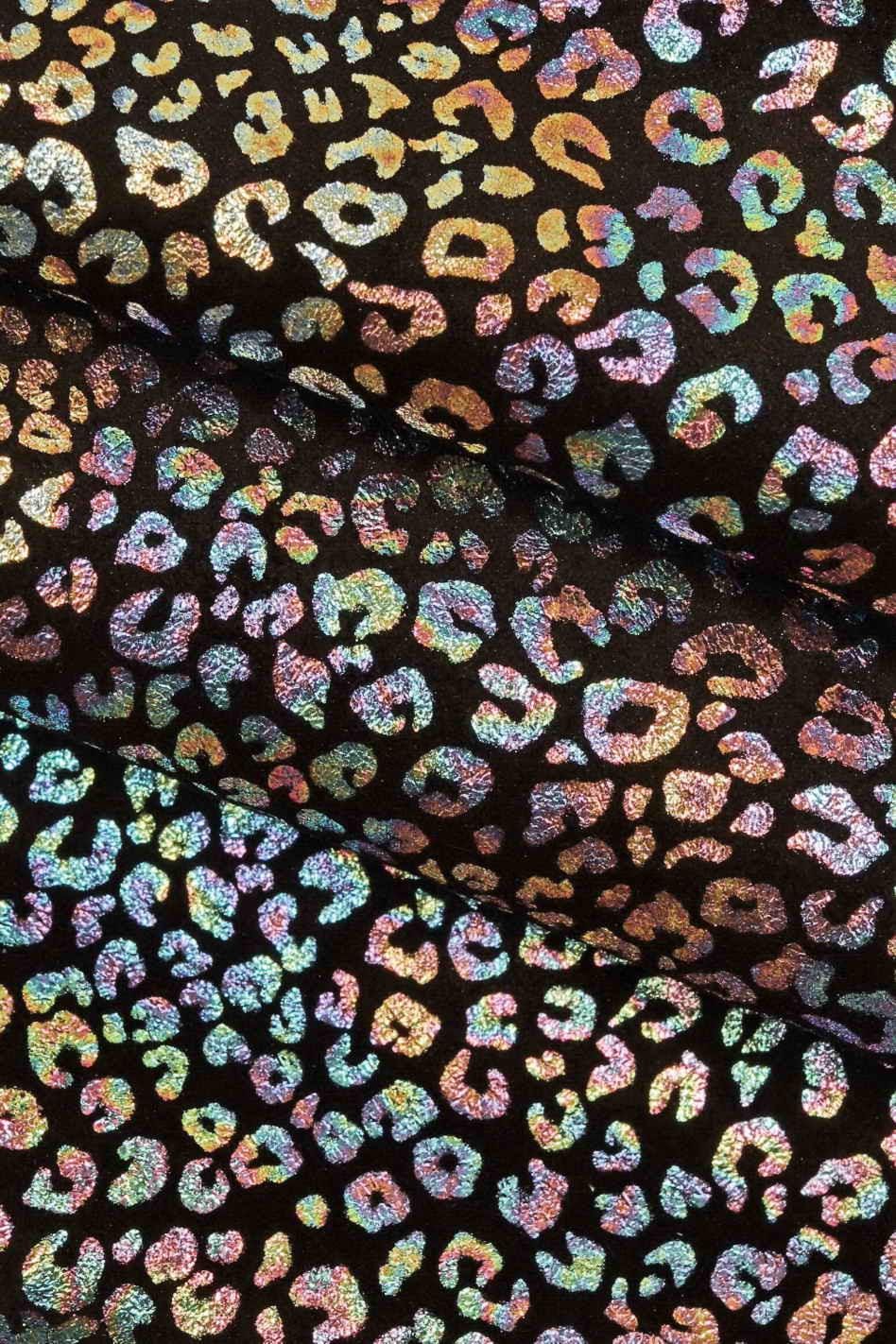 Mini LEOPARD printed leather hide, HOLOGRAPHIC animal pattern on black suede calfskin, metallic printed cowhide for hobbyists B18847-MT(st)