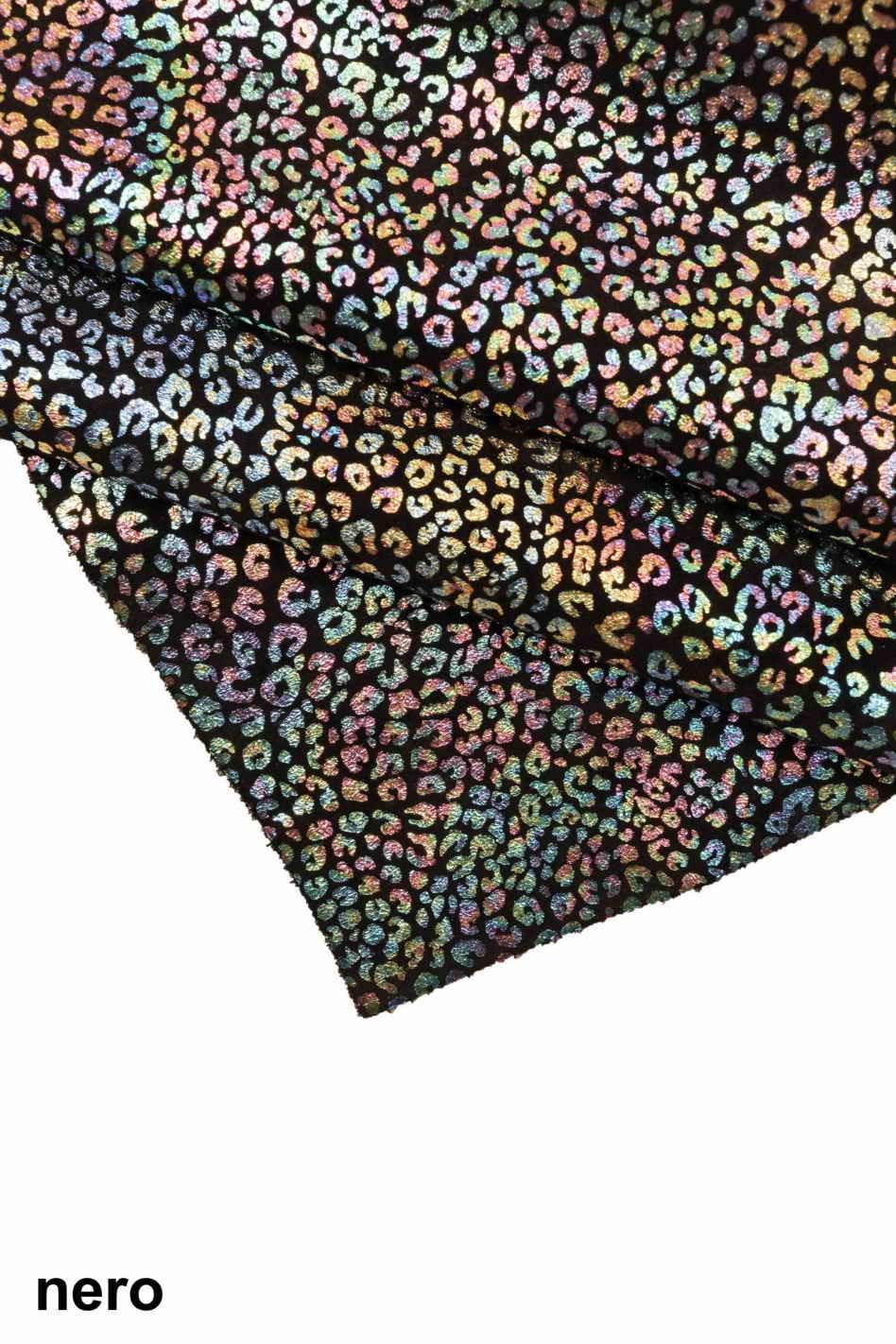 Mini LEOPARD printed leather hide, HOLOGRAPHIC animal pattern on black suede calfskin, metallic printed cowhide for hobbyists B18847-MT(st)