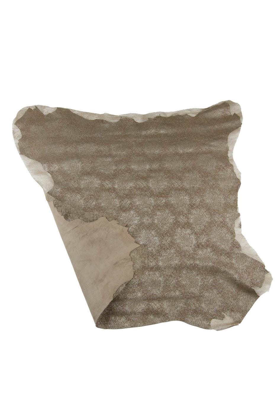 LACE printed leather skin, brown goatskin matched to light gold GLITTER fabric, metallic material for hobbyists B19407-MT(st) La Garzarara