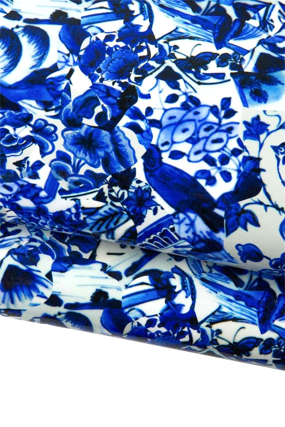Blue FLORAL print on white PATENT calfskin, flower pattern on glossy leather hide, soft textured cowhide for hobbyists B19130-ST