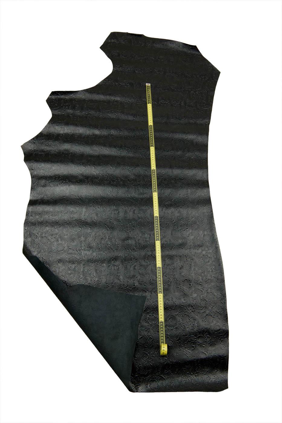 Black FLORAL EMBOSSED leather hide, charro flower print, relief texture on goatskin, 0.8 - 1.0 mm mm B18693-TB La Garzarara