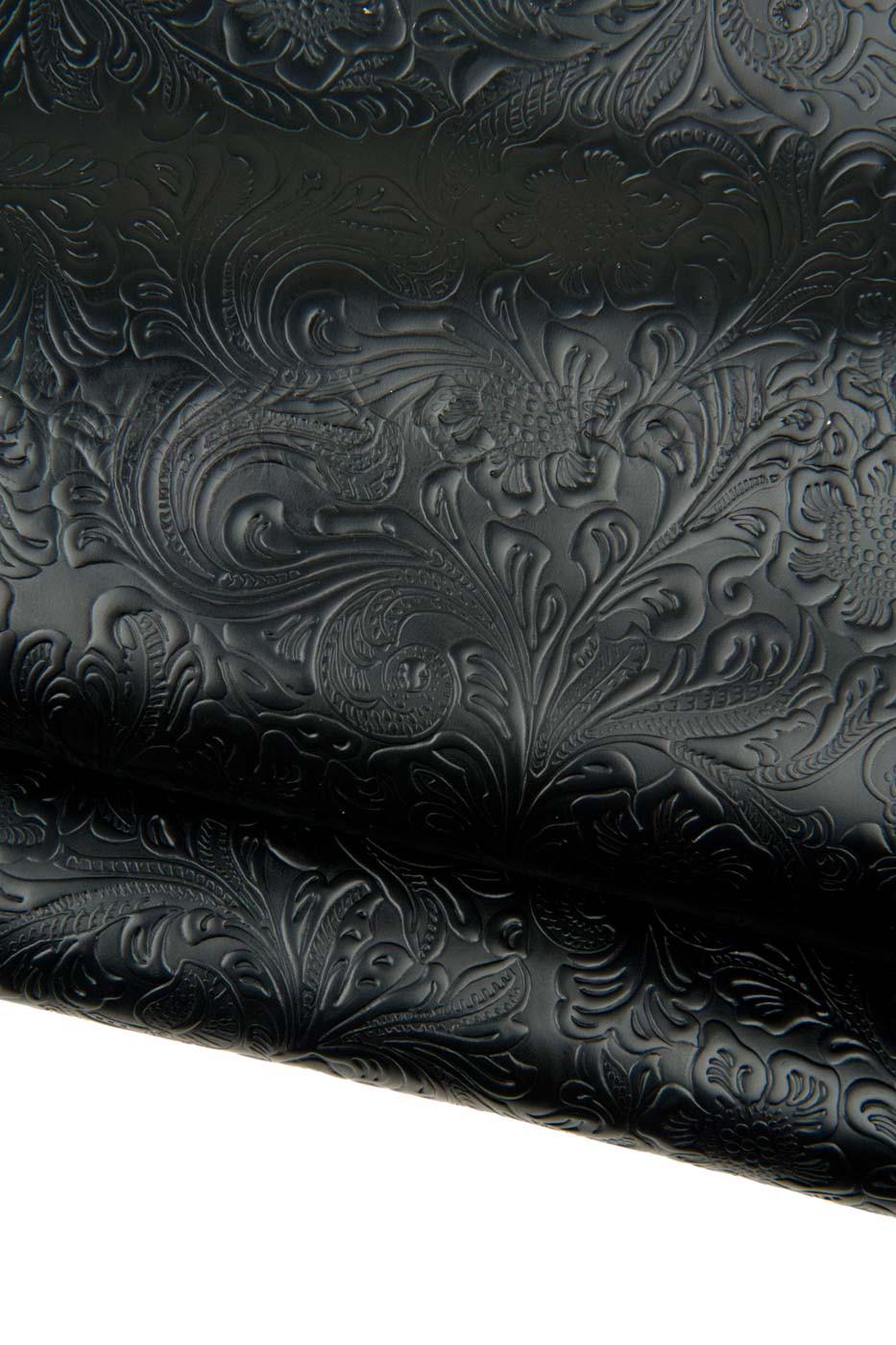 Black FLORAL EMBOSSED leather hide, charro flower print, relief texture on goatskin, 0.8 - 1.0 mm mm B18693-TB La Garzarara