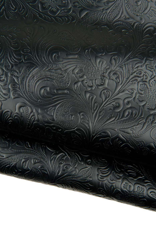 Black FLORAL EMBOSSED leather hide, charro flower print, relief texture on goatskin, 0.8 - 1.0 mm mm B18693-TB La Garzarara