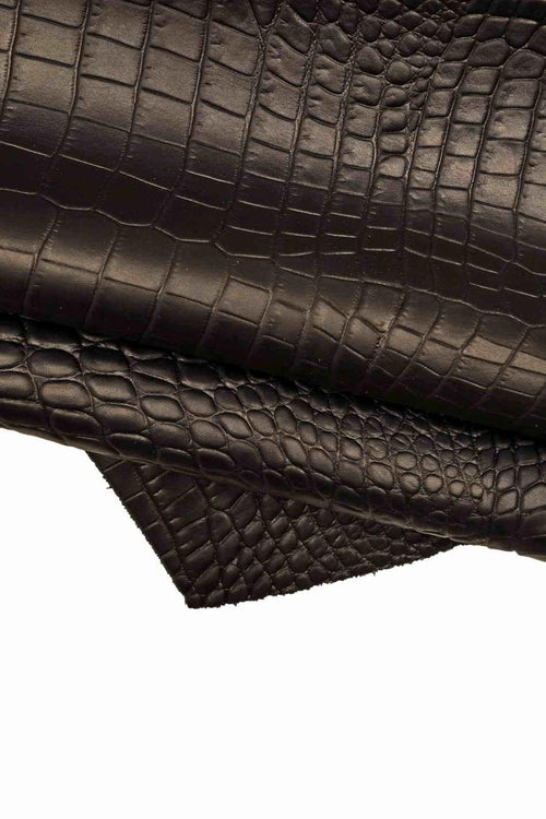BLACK CROCODILE embossed leather hide, alligator pattern on matt cowhide, soft printed calfskin 0.7 - 0.8 mm B16272-TB La Garzarara