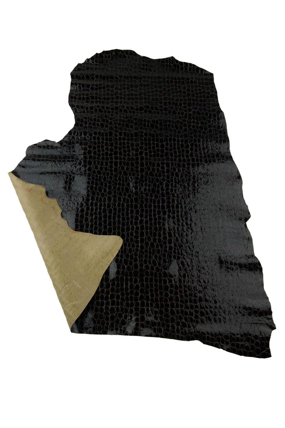 Black - brown CROCODILE printed leather hide, glossy soft PATENT textured calfskin, 0.8 - 1.0 mm, for crafters B19335-ST La Garzarara