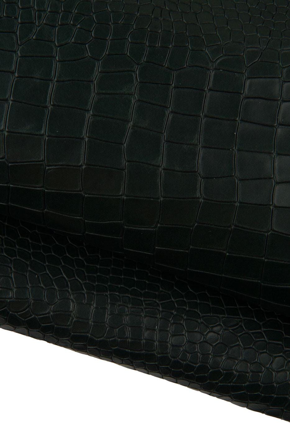 Dark green GLOSSY CROCODILE embossed cowhide, soft matt reptile printed leather hide, ideal for crafters B19309-ST La Garzarara