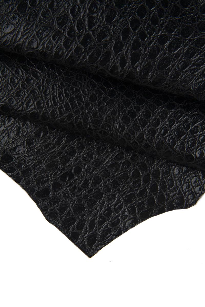 Black CROCODILE EMBOSSED leather hide, glossy alligator printed cowhide, black soft calfskin 0.6 - 0.8 mm B16634-TB La Garzarara
