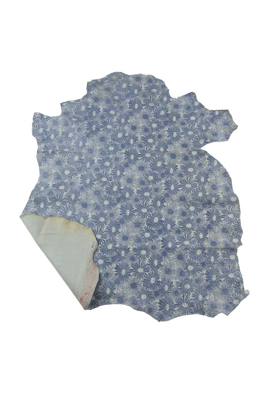 Blue - white - grey FLORAL printed leather skin, flower pattern on soft MATT goatskin, ideal for hobbyists B19458-ST