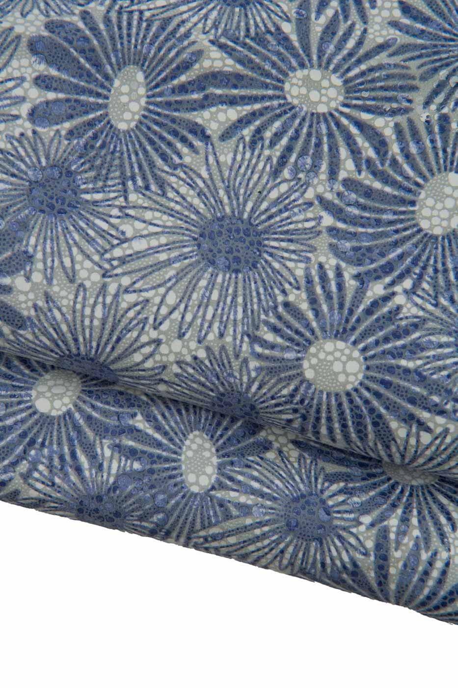 Blue - white - grey FLORAL printed leather skin, flower pattern on soft MATT goatskin, ideal for hobbyists B19458-ST