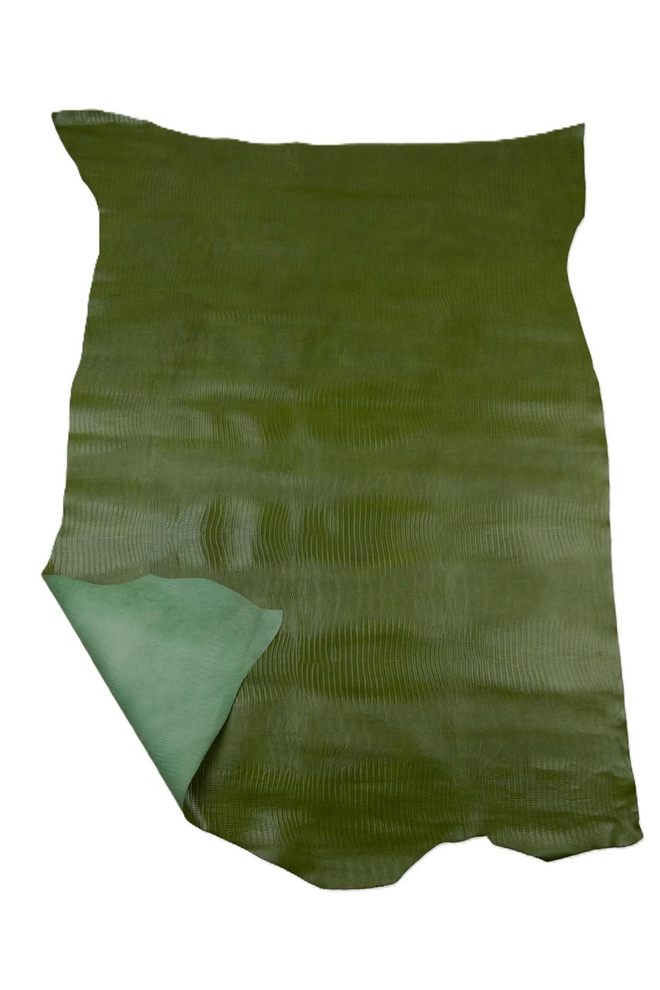 Green LIZARD leather hide, glossy reptile embossed cowhide, SOFT printed calfskin, 0.7 - 0.8 mm B19346-ST La Garzarara