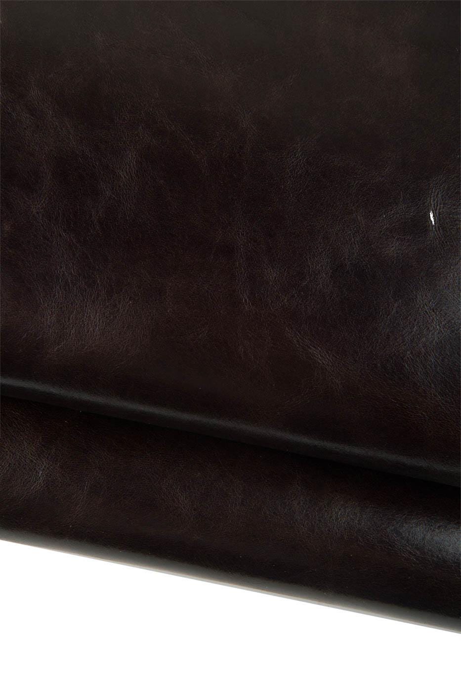 Dark brown GLOSSY SMOOTH leather hide, top quality Italian cowhide, semi stiff thick calfskin for crafters B19455-VT La Garzarara
