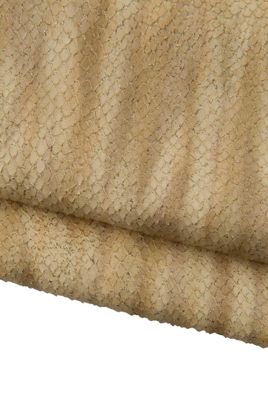 Pale yellow PYTHON printed leather hide with gold GLITTER, soft bright reptile textured cowhide B19320-MT(st) La Garzarara