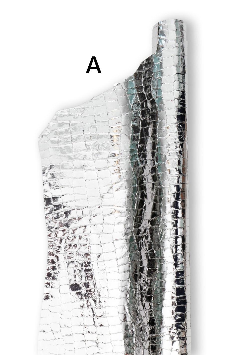 METALLIC CROCODILE embossed leather skin, silver - white - gold glossy reptile printed goatskins, soft hides B19141-MT(st) La Garzarara
