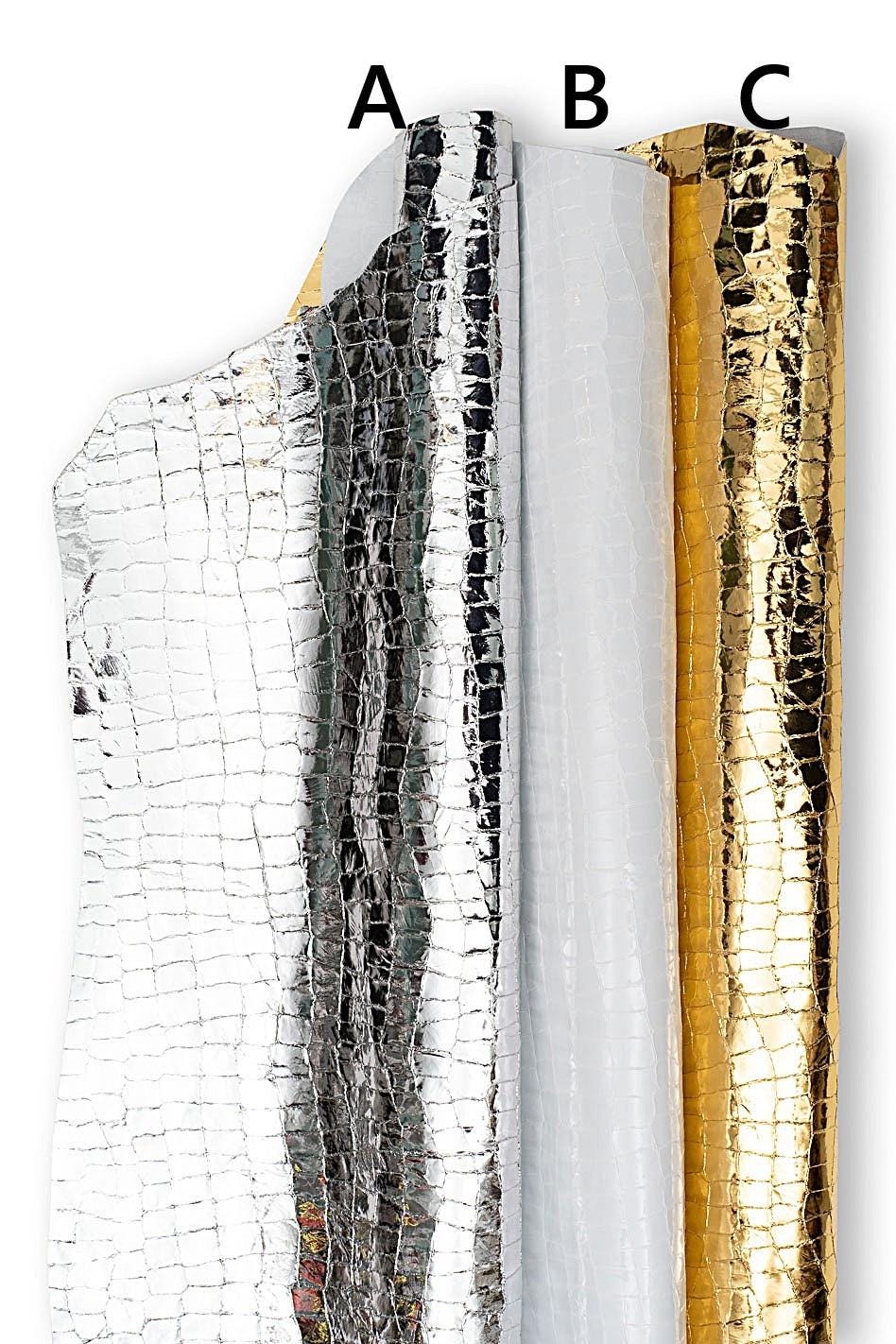 METALLIC CROCODILE embossed leather skin, silver - white - gold glossy reptile printed goatskins, soft hides B19141-MT(st) La Garzarara