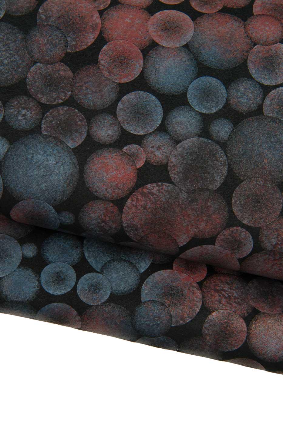METALLIC TEXTURED leather skin, red - blue circle print on black soft suede goatskin, ideal for crafters B19439-MT(st) La Garzarara