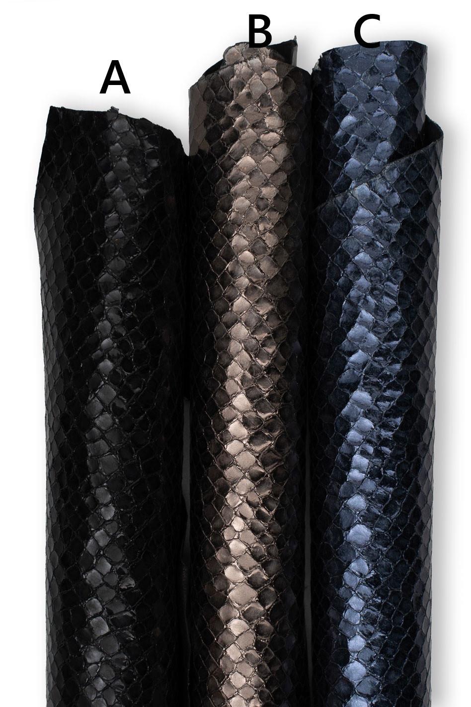 METALLIC SNAKE printed leather skin, black - seelmetal - blue python textured skin, soft bright hide for hobbyists B19142-MT(st) LaGarzarara
